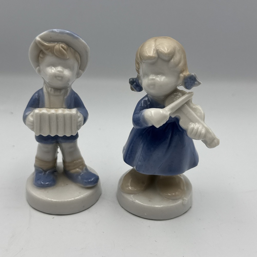 Vintage Lot 2 Children Playing Musical Figurines Japan Violin Accordion 1950s